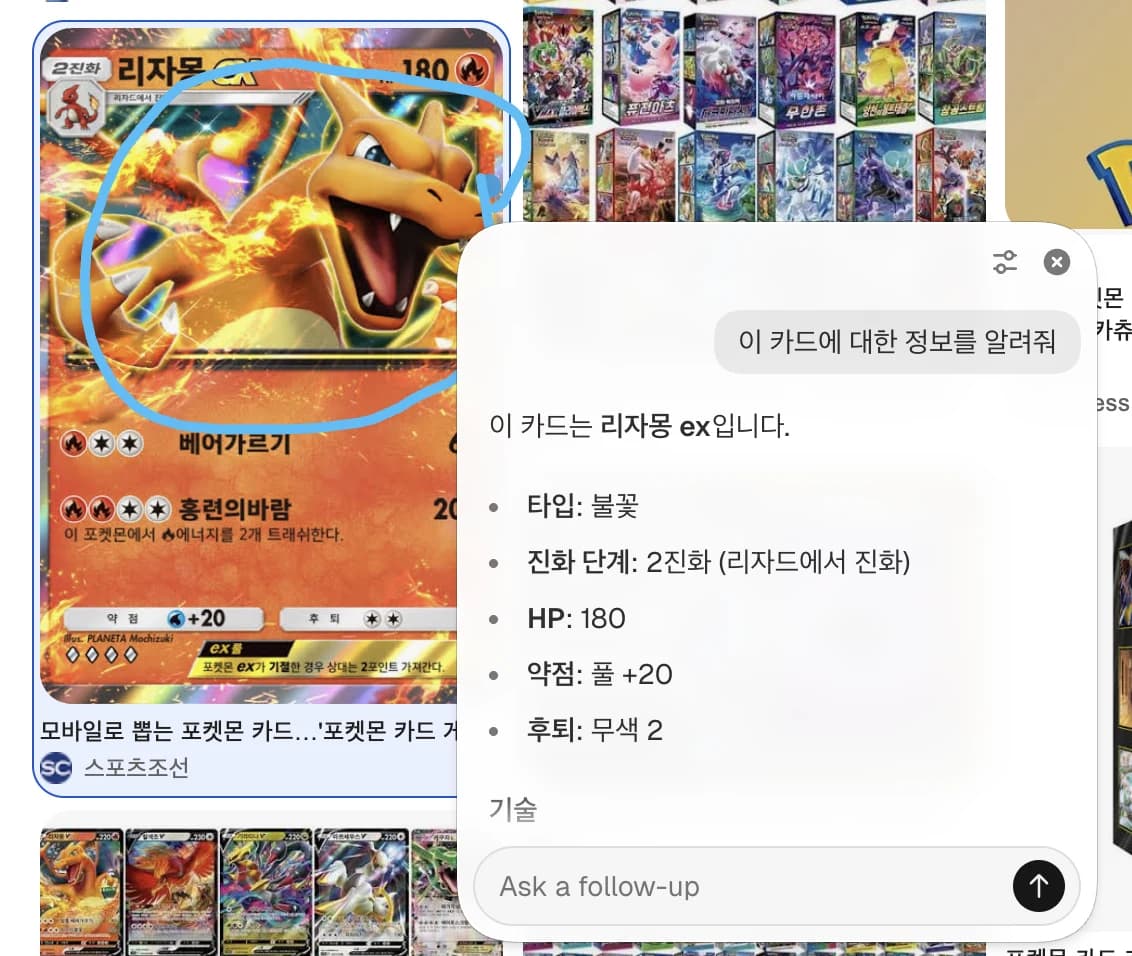 Option 키를 두 번 눌러 이미지 속 카드를 Lasso로 선택하고 카드 정보를 답변받은 화면