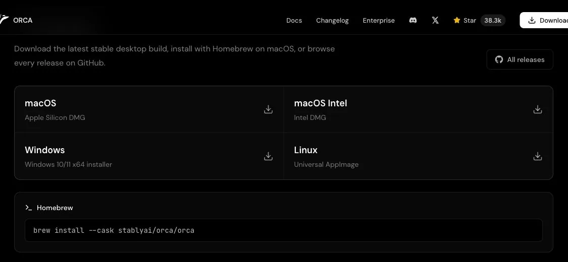 Orca 다운로드 페이지의 macOS, Windows, Linux 설치 파일 선택 카드