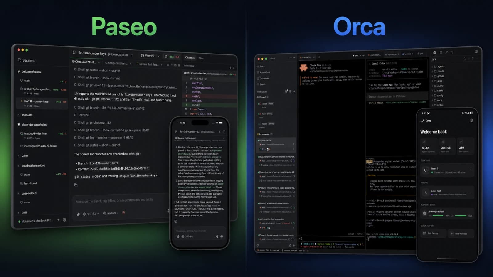 Paseo와 Orca의 데스크톱 및 모바일 UI를 나란히 비교한 이미지