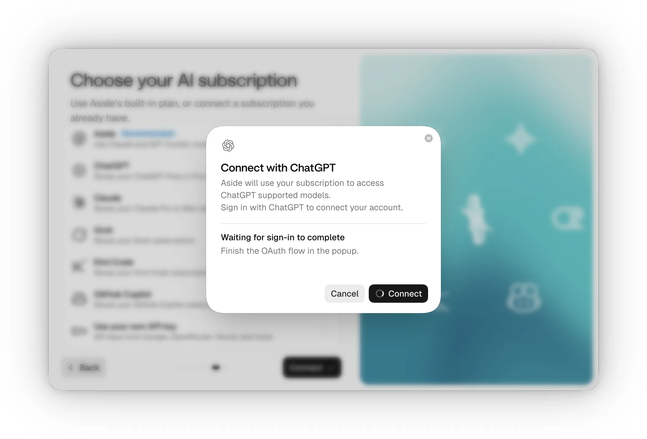 ChatGPT OAuth 로그인이 끝나기를 기다리는 Aside 연결 창