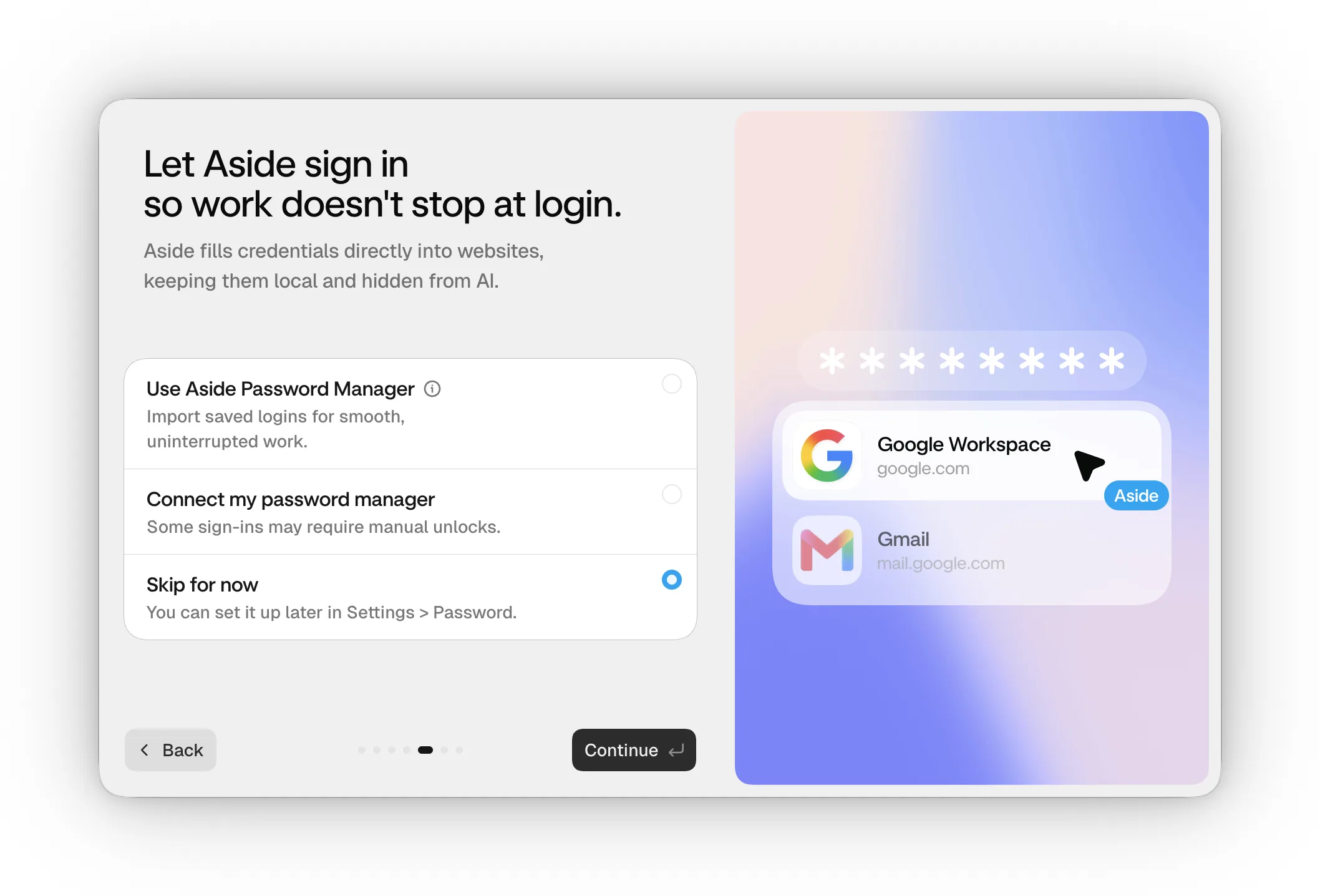 Aside Password Manager 사용, 기존 비밀번호 관리자 연결, 나중에 설정 옵션