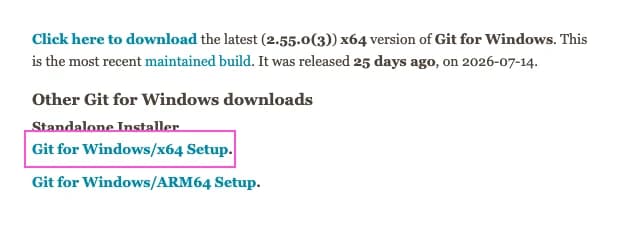 Git for Windows 공식 다운로드 페이지에서 대부분의 사용자가 선택할 x64 Setup 항목