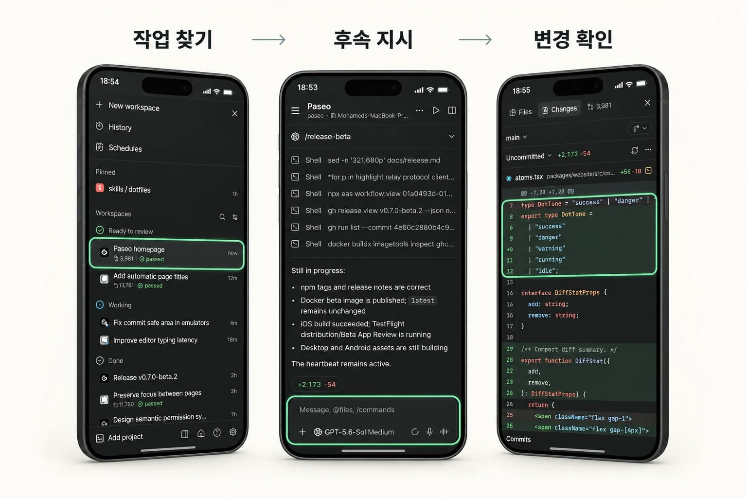 작업 찾기, 후속 지시, 변경 확인 순서로 주요 영역을 강조한 Paseo 모바일 설명 이미지