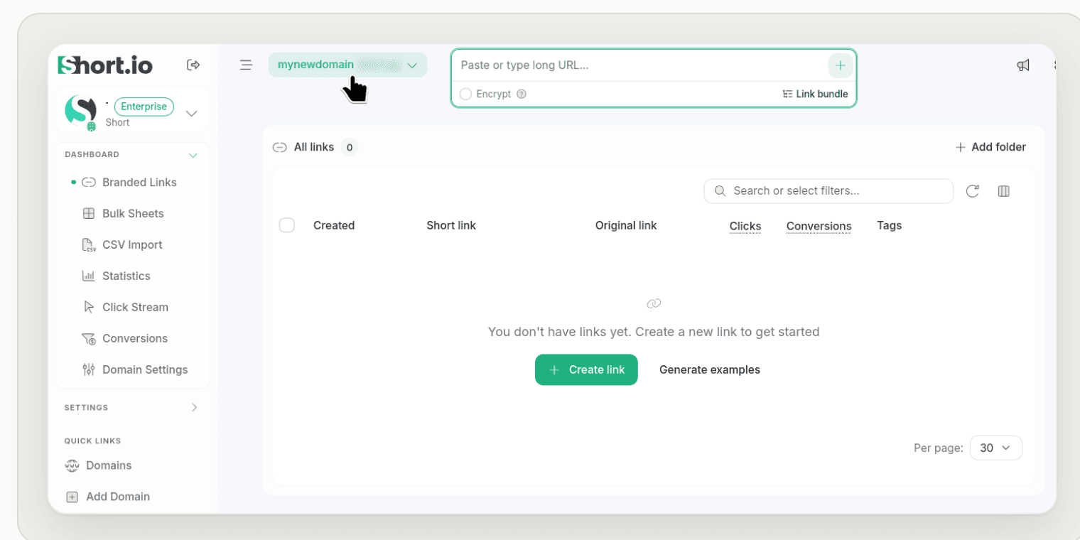 Short.io 공식 문서에서 도메인 선택과 원본 URL 입력 영역을 크롭한 화면