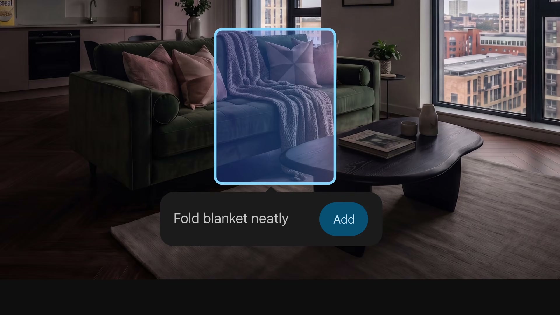 Google Pics 공식 시연: 소파 위 담요 영역을 파란 상자로 선택하고 Fold blanket neatly 요청을 입력한 화면