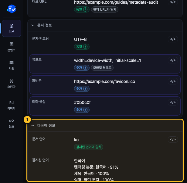 Meta Checker에서 html lang en과 감지된 한국어가 불일치하는 모습을 표시한 화면