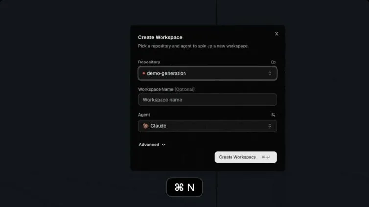 Orca의 Create Workspace 창에서 저장소와 Claude 에이전트를 선택하는 화면